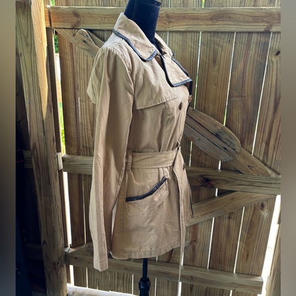 Tommy Hilfiger Tan Double Breasted Cotton Trench Coat with Faux Leather Trim L - Picture 4 of 14